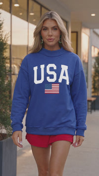 Women's Reversible Dark Blue Mock Neck Sweatshirt with USA Graphic - Cozy Casual Style for Everyday Comfort
