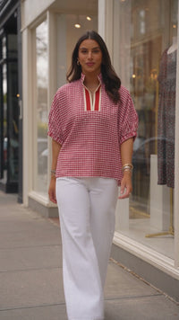 Stylish Women's Red Plaid Short Sleeve Blouse with Colorblock Trim & Split Neck - Perfect Casual Top for Everyday Wear