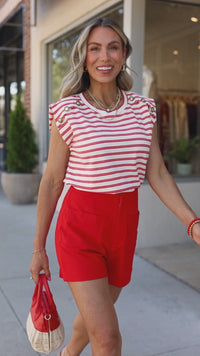 Effortless Casual Women's Red Striped Knit Tee with Button Details and Short Sleeves for Comfortable Everyday Wear