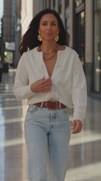 Off-White Lace-Trimmed Knit Cardigan with Gold-Tone Accents with practical styling and dependable silhouette control.