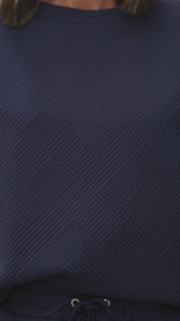 Navy Blue Textured Women's Casual Summer Short Sleeve Top & Matching Shorts Set for Effortless Style