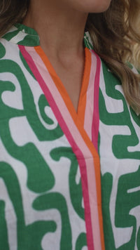 Women's Casual Green Abstract Print V-Neck Blouse with Striped Trim - Short Sleeve Top for Effortless Everyday Style