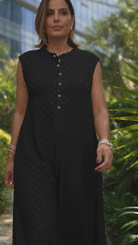 Stylish Women's Black Sleeveless Textured Jumpsuit with Wide Legs and Half Buttons for Effortless Chic Looks