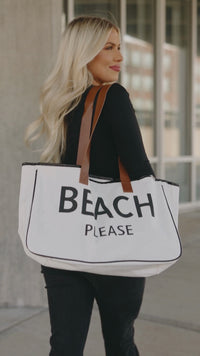 Stylish Women's Large White Canvas Tote Bag with "BEACH PLEASE" Print – Perfect for Summer Outings and Beach Days