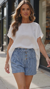Stylish Women's High-Waist Denim Shorts in Sky Blue with Drawstring and Pleats for Effortless Summer Chic