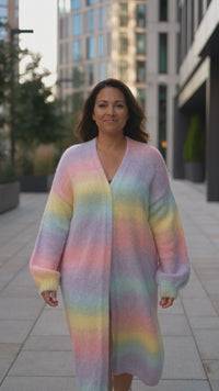 Soft Pastel Rainbow Striped Knit Oversized Cardigan with practical styling and dependable silhouette control.