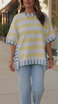 Trendy Women's Oversized Yellow Striped Top with Exposed Seams & Contrast Patchwork - Casual Chic Fashion