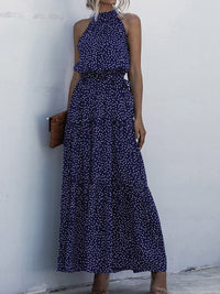Printed Sleeveless Tie Waist Maxi Dress