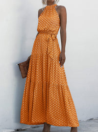 Printed Sleeveless Tie Waist Maxi Dress