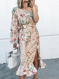 Printed Sloping Shoulder Slit Ruffle Dress