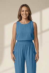 Women's Prussian Blue Smocked Waist Cotton-Viscose Jogger Pants