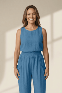 Women's Prussian Blue Smocked Waist Cotton-Viscose Jogger Pants