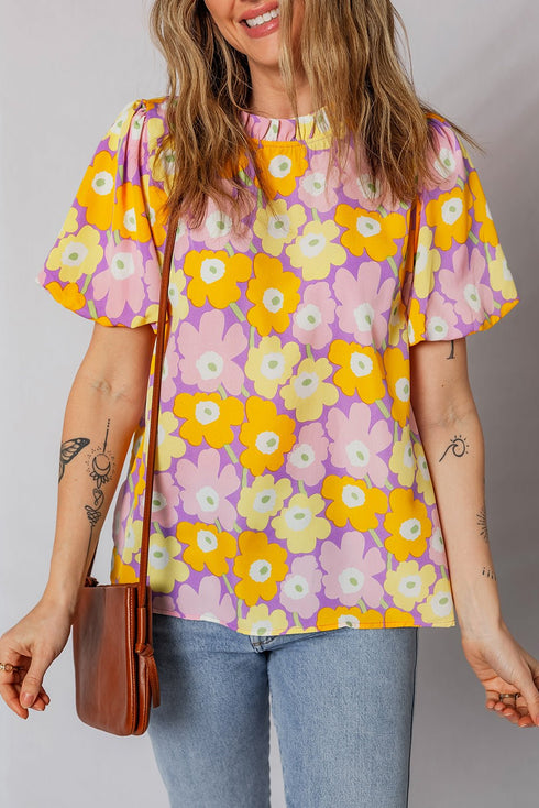 Women's Purple Floral Puff Sleeve Blouse with Ruffled Neckline