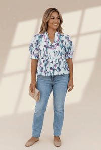 Women's Purple Floral Ricrac Trim Peplum Blouse with Puff Sleeves