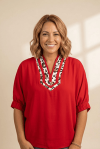 Women's Racing Red Dolman Sleeve Blouse with Leopard V-Neck