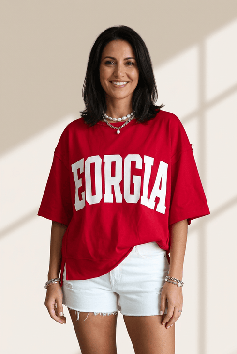 Women's Racing Red GEORGIA Graphic Drop Shoulder Cotton Tee