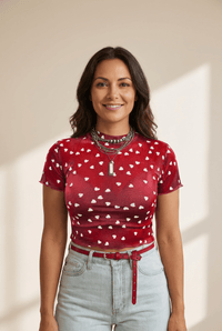 Women's Racing Red Heart Print Mesh Mock Neck Top