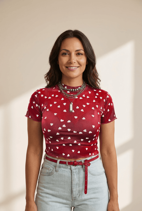 Women's Racing Red Heart Print Mesh Mock Neck Top