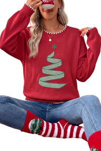 $11.56 Racing Red Stitched Detail Christmas Tree Holiday Casual Sweater Wholesale