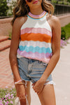 Rainbow Striped Pointelle Knit Sleeveless Sweater Vest