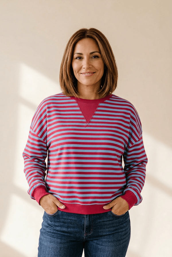Women's Raspberry and Periwinkle Striped Cotton Sweatshirt