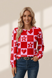Women's Red and Pink Floral Heart Checkered Blouse for Women