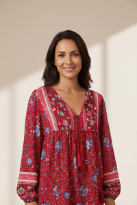 Women's Red Bohemian Floral Print Blouse with Double Tassel Tie