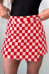 Women's Red Checkered Denim Overlap Skort in Skorts