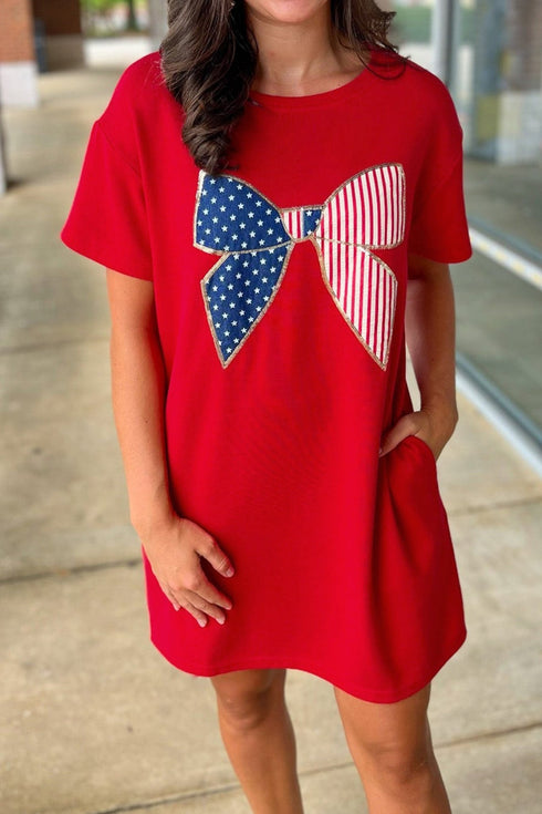 Women's Red Cotton T-Shirt Dress with Sequin Americana Bow made for easy styling and wardrobe coordination, with premium-like structure and finish.