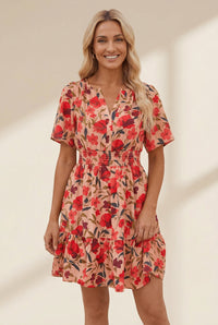 Women's Red Floral Smocked Waist V-Neck Mini Dress