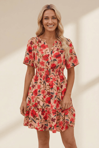 Women's Red Floral Smocked Waist V-Neck Mini Dress