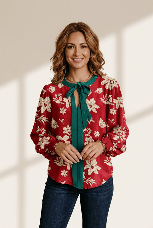Women's Red Floral Tie-Neck Blouse with Shirred Puff Sleeves