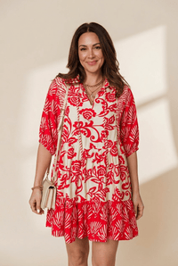Women's Red Floral Viscose Tiered Mini Dress with V-Neck