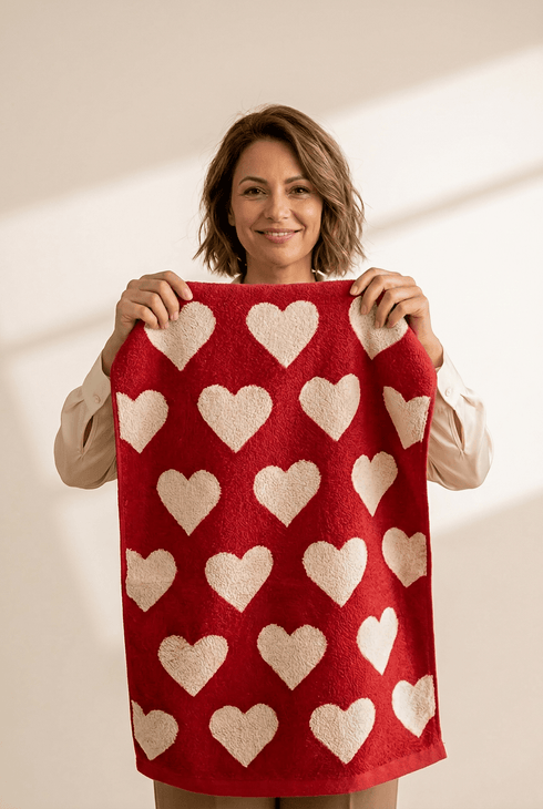 Women's Red Heart Print 100% Cotton Face Towel