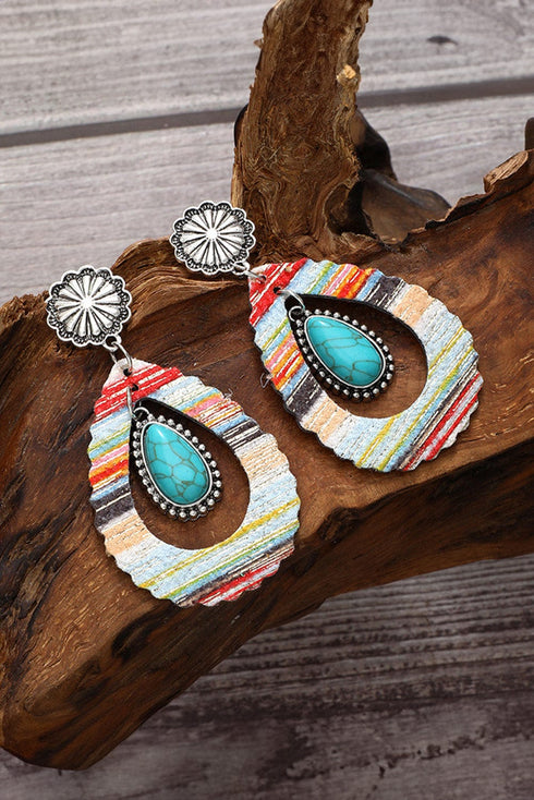 Red Turquoise Waterdrop Leather Earrings with Patchwork Design