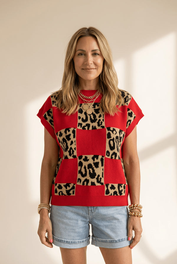 Women's Red Leopard Checkered Knit Short Sleeve Sweater