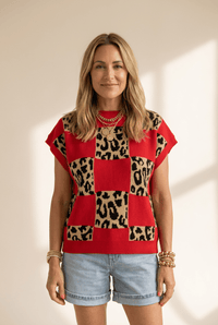 Women's Red Leopard Checkered Knit Short Sleeve Sweater