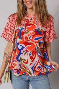 Women's Red Mixed Print Puff Sleeve Blouse with Lace Trim
