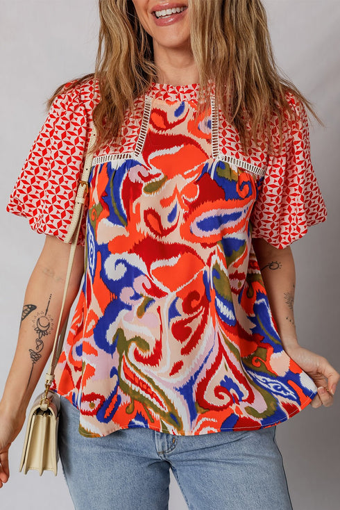 Women's Red Mixed Print Puff Sleeve Blouse with Lace Trim