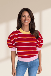 Women's Red Multi-Stripe Puff Sleeve Knit Sweater Top