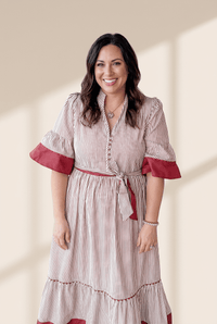 Women's Red Pinstriped Midi Dress with Ruffled Hem and Waist Tie with practical styling and dependable silhouette control.