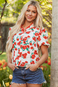 Women's Red Poppy Floral Puff Sleeve Ruffle Blouse