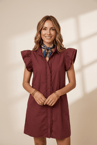 Red Sandalwood Cotton Blend Frilled Shift Mini Dress with practical styling and dependable silhouette control.