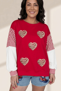 Women's Red Sequin Heart Color Block Graphic Sweatshirt