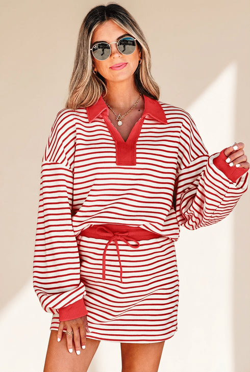 Women's Red Stripe Knit Pullover and Skort Two-Piece Set