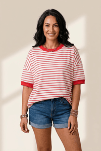 Women's Red Striped Relaxed Cotton Tee with Contrast Ribbing