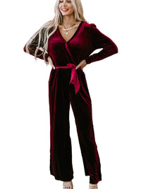 Red Velvet V-Neck Wide Leg Jumpsuit with Waist Tie