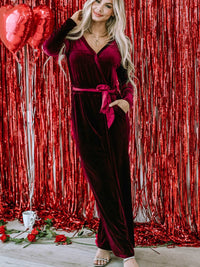 Red Velvet V-Neck Wide Leg Jumpsuit with Waist Tie