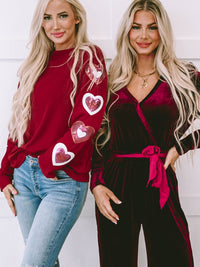 Red Velvet V-Neck Wide Leg Jumpsuit with Waist Tie