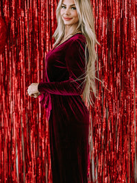 Red Velvet V-Neck Wide Leg Jumpsuit with Waist Tie